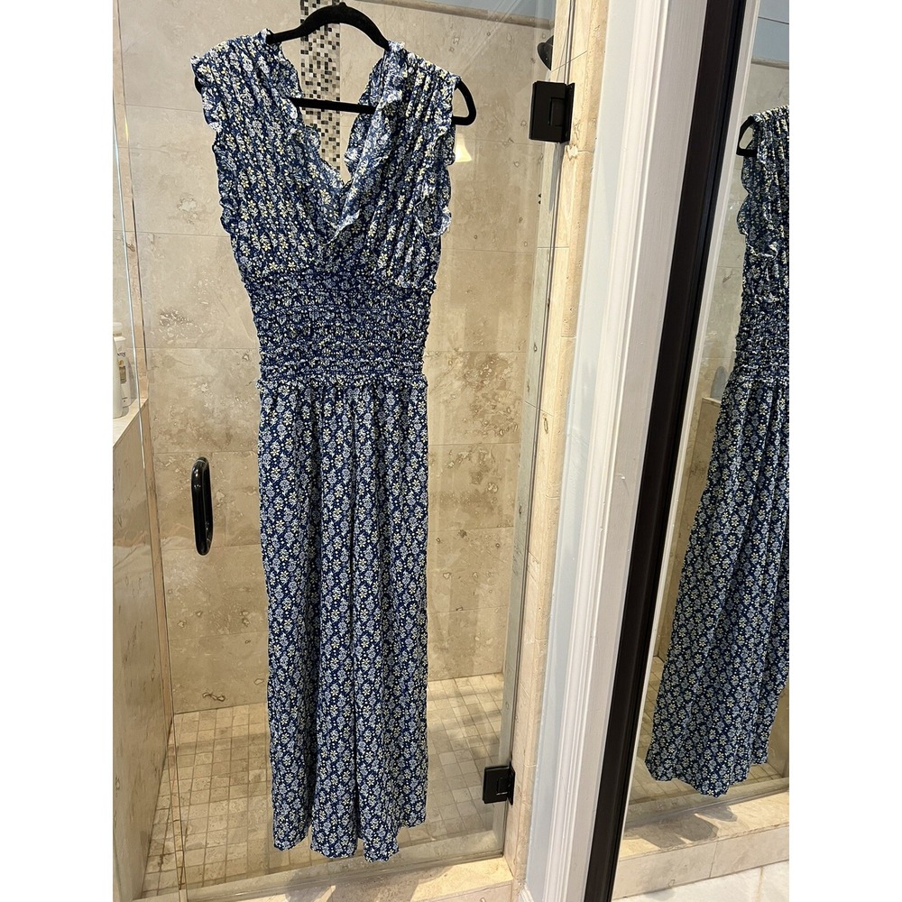 Max Studio Women Jumpsuit XL Blue Floral Smocked Waist Wide Leg 8901C46